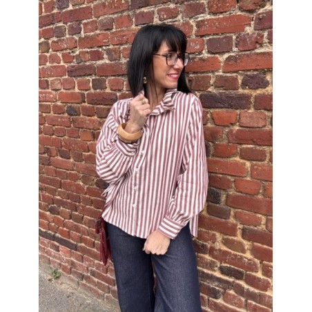 Chemise en coton rayée bordeaux et blanche col victorien – coupe large