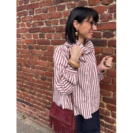 Chemise en coton rayée bordeaux et blanche col victorien – coupe large
