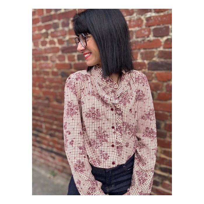 Chemise fleurs et carreaux bordeaux – col victorien romantique | Melle Jeanne