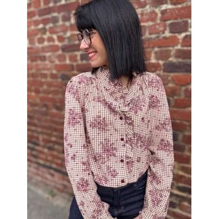 Chemise fleurs et carreaux bordeaux – col victorien romantique | Melle Jeanne