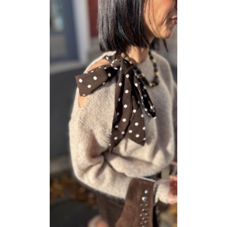 Pull Femme Beige ou Marron à Nœud à Pois – Taille Unique 36 à 42 – Collection Sweet November