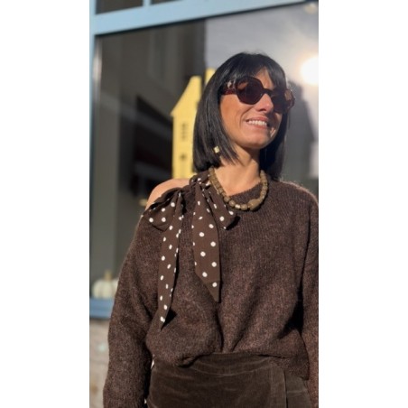Pull Femme Beige ou Marron à Nœud à Pois – Taille Unique 36 à 42 – Collection Sweet November