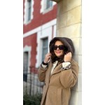 Manteau Femme Beige ou Camel – Revers Léopard & Capuche Doudoune Amovible – Taille Unique 36 à 42 – Collection Sweet November