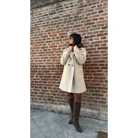 Manteau Femme Beige ou Camel – Revers Léopard & Capuche Doudoune Amovible – Taille Unique 36 à 42 – Collection Sweet November