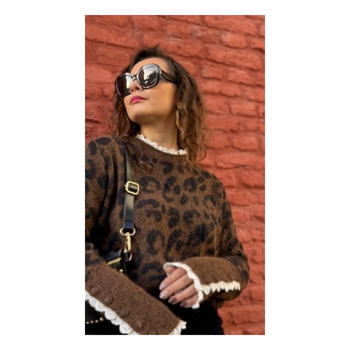 Pull léopard avec dentelle – Taille unique 36 à 42