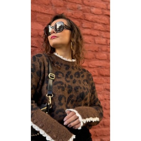Pull léopard avec dentelle – Taille unique 36 à 42