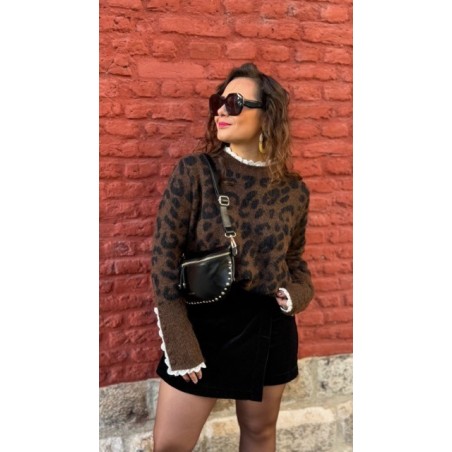 Pull léopard avec dentelle – Taille unique 36 à 42
