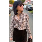 Chemise Vichy Marron et Écru Femme – Col Victorien Volanté – Tailles S, M, L – Collection Sweet November