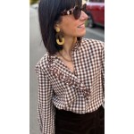 Chemise Vichy Marron et Écru Femme – Col Victorien Volanté – Tailles S, M, L – Collection Sweet November