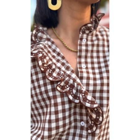 Chemise Vichy Marron et Écru Femme – Col Victorien Volanté – Tailles S, M, L – Collection Sweet November