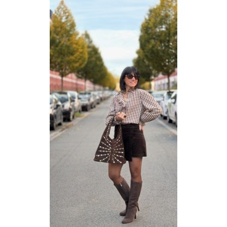 Chemise Vichy Marron et Écru Femme – Col Victorien Volanté – Tailles S, M, L – Collection Sweet November