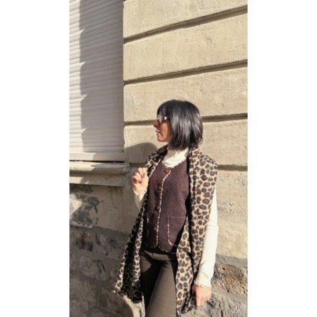 Gilet Sans Manches Moumoute Marron – Bordure Léopard & Poches Plaquées – Tailles S/M ou M/L | Sweet November
