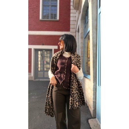 Gilet Sans Manches Moumoute Marron – Bordure Léopard & Poches Plaquées – Tailles S/M ou M/L | Sweet November