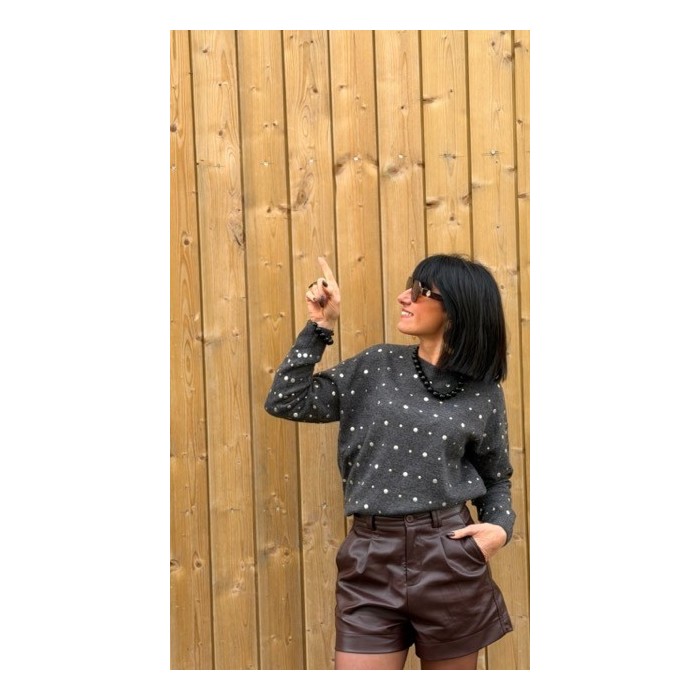 Pull Gris Femme Col Rond – Strass Cloutés – Taille Unique 36 à 42 | Sweet November