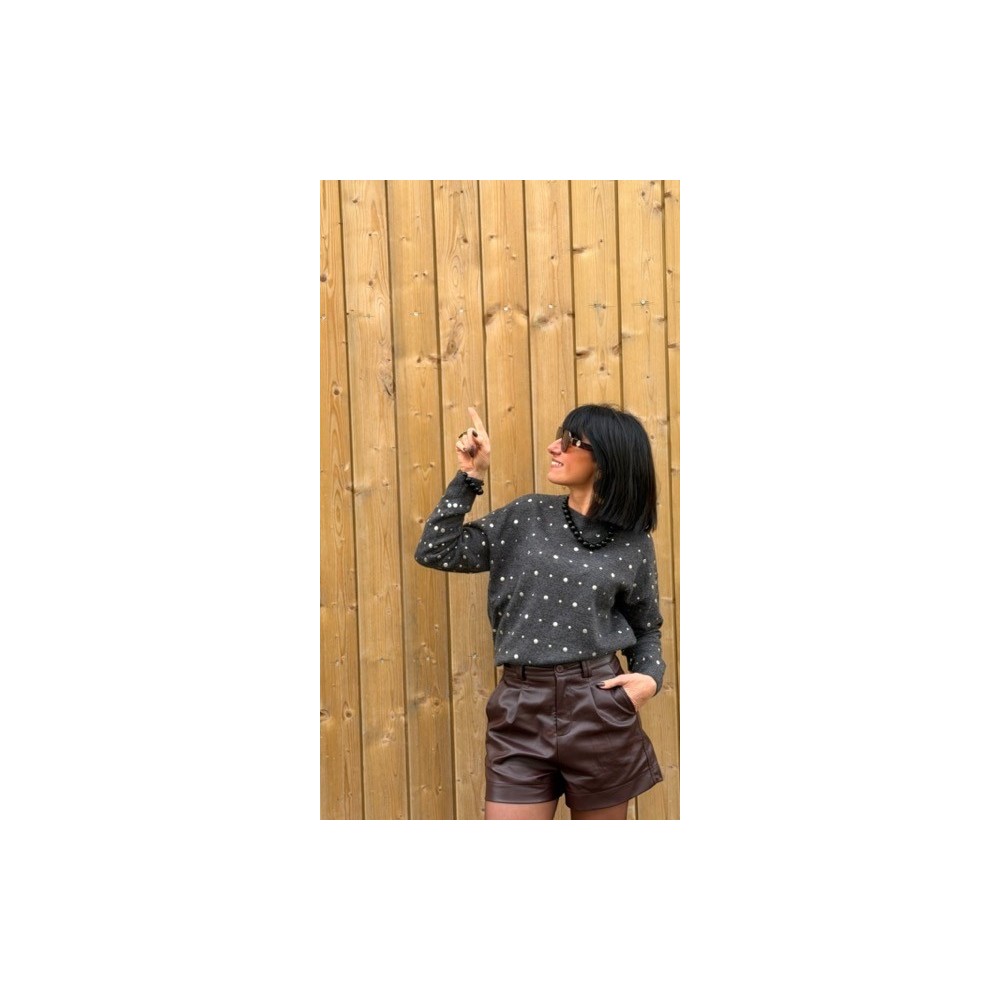 Pull Gris Femme Col Rond – Strass Cloutés – Taille Unique 36 à 42 | Sweet November