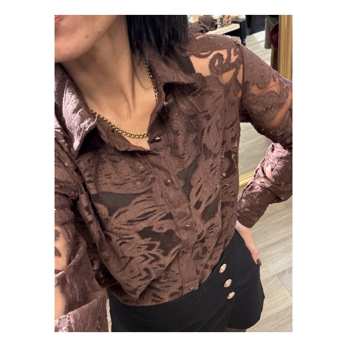 Chemise transparente brodée fleurs – Écru / Marron