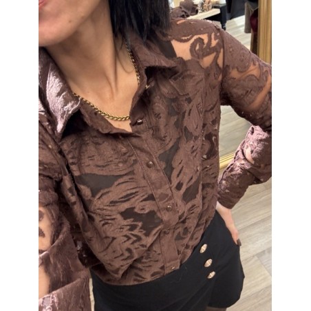 Chemise transparente brodée fleurs – Écru / Marron