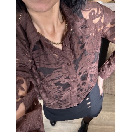 Chemise transparente brodée fleurs – Écru / Marron