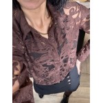 Chemise transparente brodée fleurs – Écru / Marron