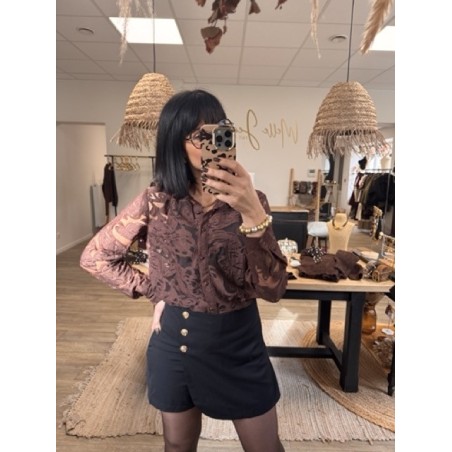 Chemise transparente brodée fleurs – Écru / Marron