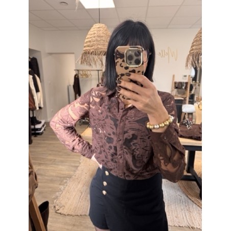 Chemise transparente brodée fleurs – Écru / Marron