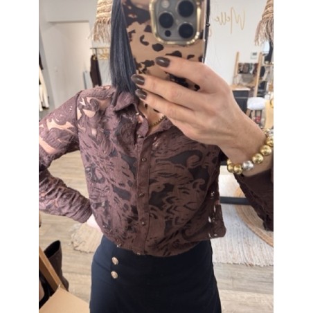 Chemise transparente brodée fleurs – Écru / Marron