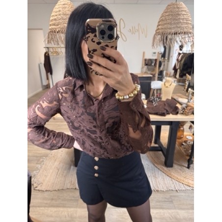 Chemise transparente brodée fleurs – Écru / Marron