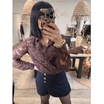 Chemise transparente brodée fleurs – Écru / Marron