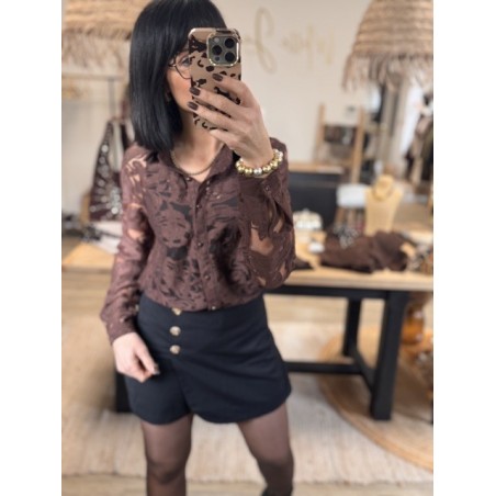 Chemise transparente brodée fleurs – Écru / Marron