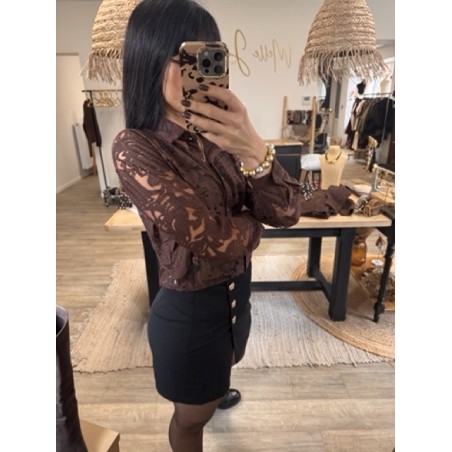 Chemise transparente brodée fleurs – Écru / Marron