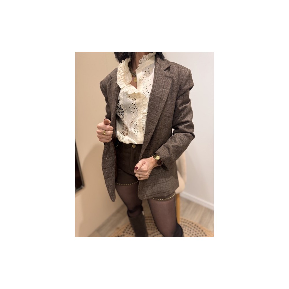 Veste de Tailleur Marron à Carreaux – Coupe Oversize – S/M/L