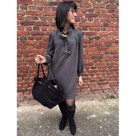 Robe en Flanelle Gris ou Marron – Col Victorien – XS à L