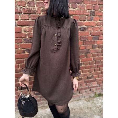 Robe en Flanelle Gris ou Marron – Col Victorien – XS à L