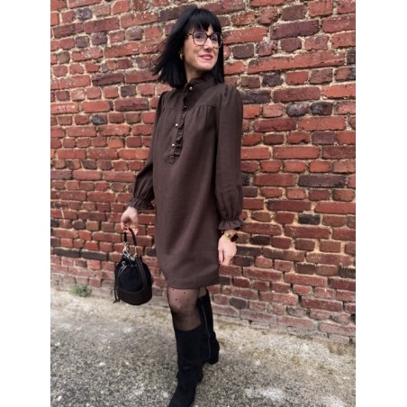 Robe en Flanelle Gris ou Marron – Col Victorien – XS à L