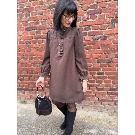 Robe en Flanelle Gris ou Marron – Col Victorien – XS à L