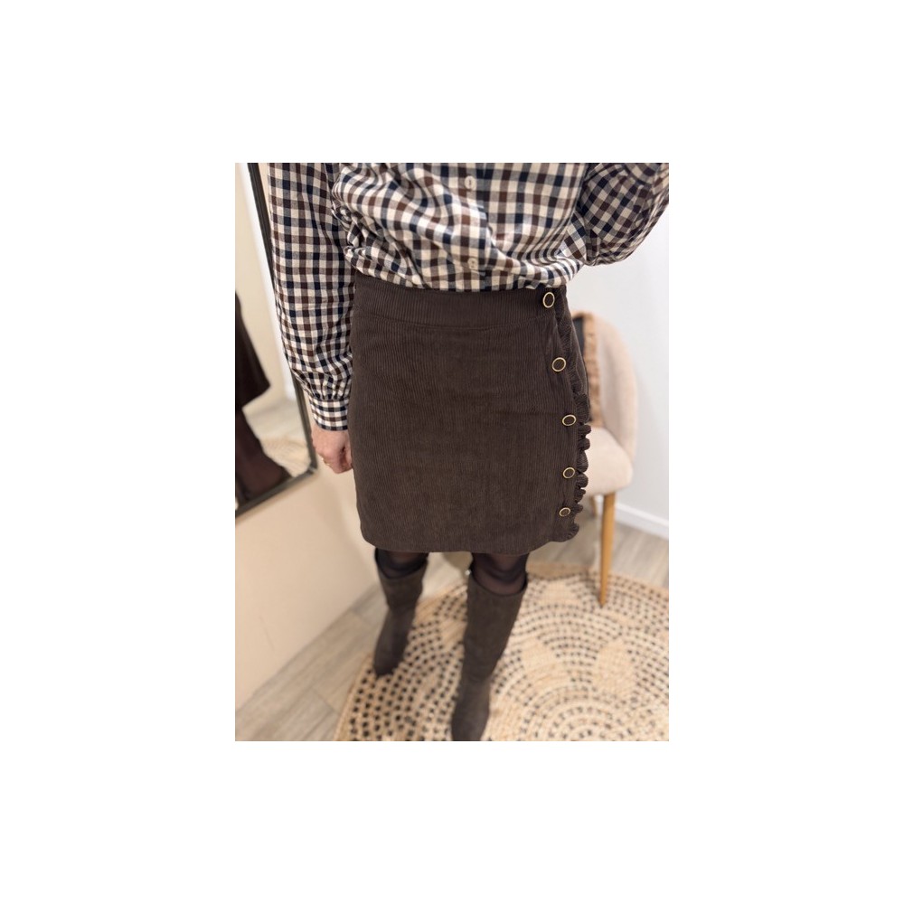 Jupe courte en velours côtelé avec volants et boutons - Style chic et féminin