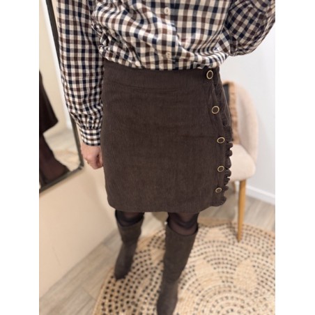 Jupe courte en velours côtelé avec volants et boutons - Style chic et féminin