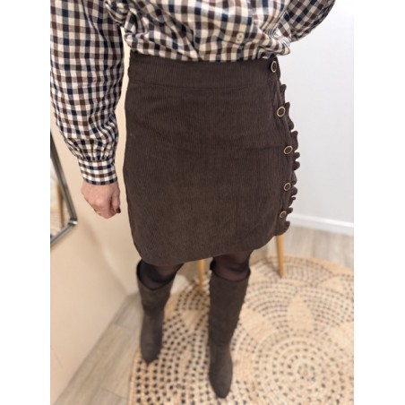 Jupe courte en velours côtelé avec volants et boutons - Style chic et féminin