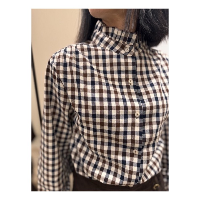 Chemise Vichy Marron, Bleu et Camel – Col Victorien – S/M/L