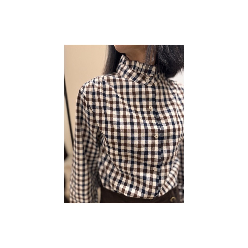 Chemise Vichy Marron, Bleu et Camel – Col Victorien – S/M/L