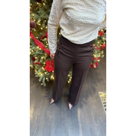 Pantalon tailleur marron à boutons nacrés | Melle Jeanne