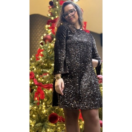 Robe manches longues sequins marron à nœuds velours | Melle Jeanne