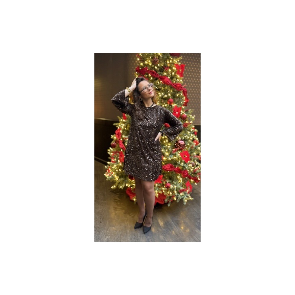 Robe manches longues sequins marron à nœuds velours | Melle Jeanne