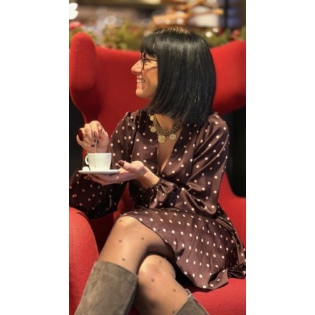 Robe Courte Bordeaux à Pois – Col Cache-Cœur & Bas Volanté