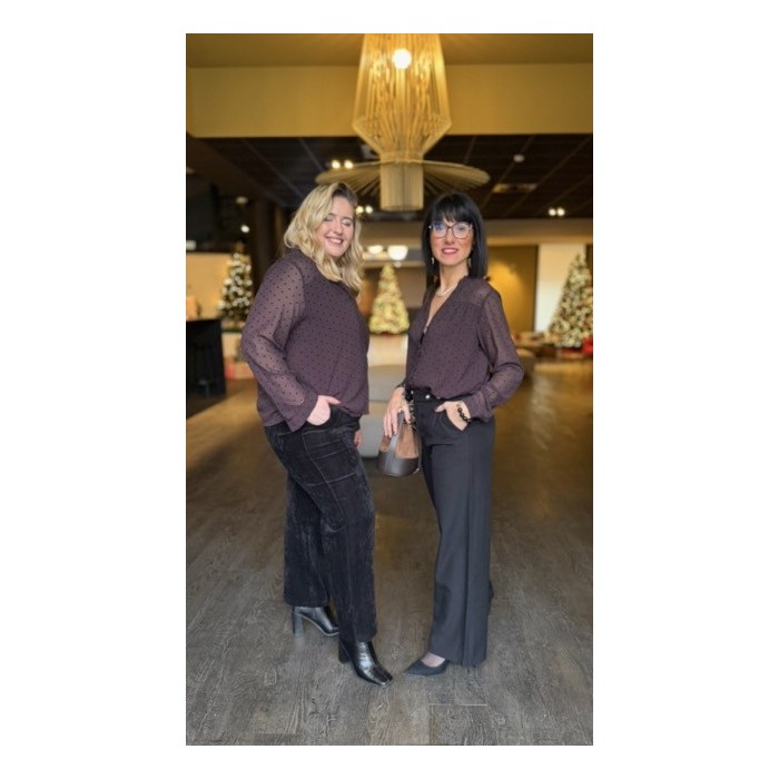 Chemise Fluide Bordeaux à Pois Noirs – Col V & Manches Transparentes – Style Plus