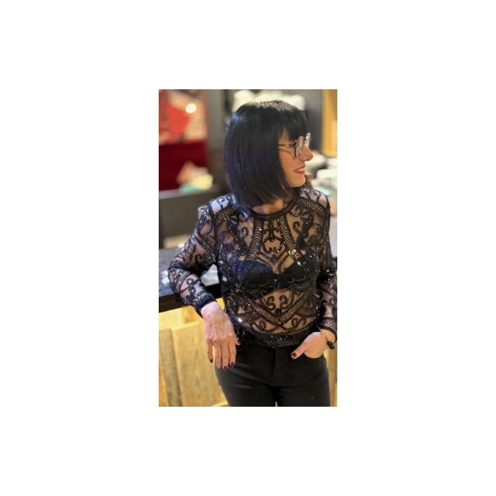 Top Transparent Noir avec Perles et Paillettes – S/M ou M/L – Élégant et Festif