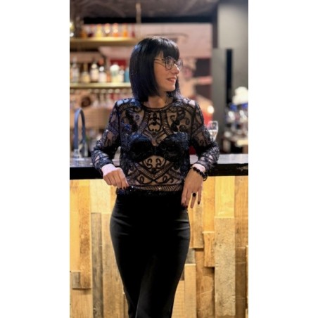 Top Transparent Noir avec Perles et Paillettes – S/M ou M/L – Élégant et Festif