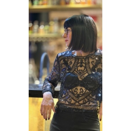 Top Transparent Noir avec Perles et Paillettes – S/M ou M/L – Élégant et Festif