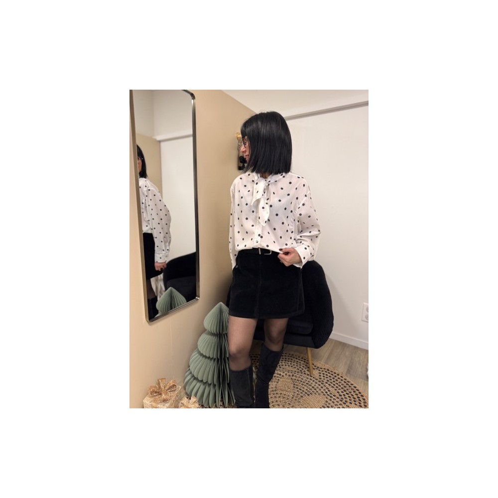 Chemise oversize blanche à pois noirs avec nœud au col – S/M M/L | Xmas Chic