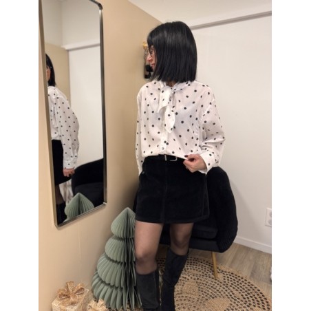 Chemise oversize blanche à pois noirs avec nœud au col – S/M M/L | Xmas Chic